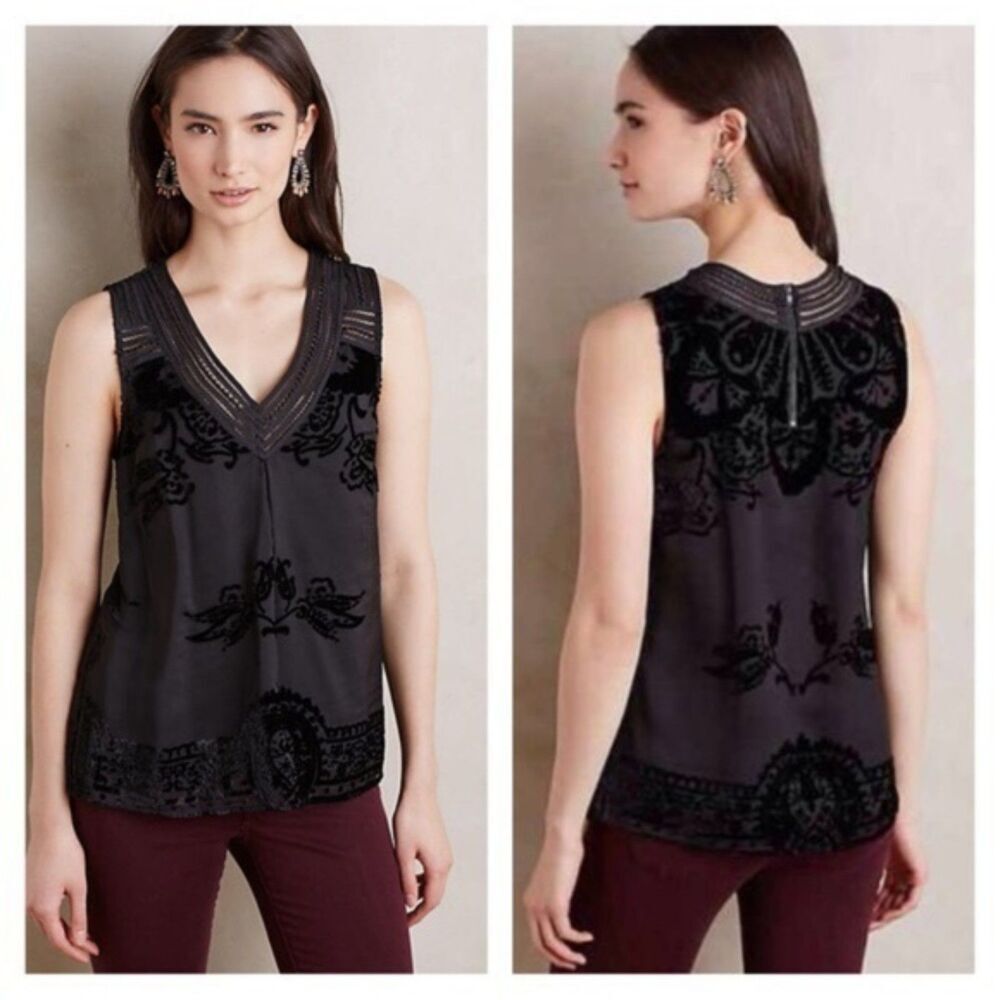 ANTHROPOLOGIE Meadow Rue Black Velvet Lightweight Sleeveless Blouse Top Size XS